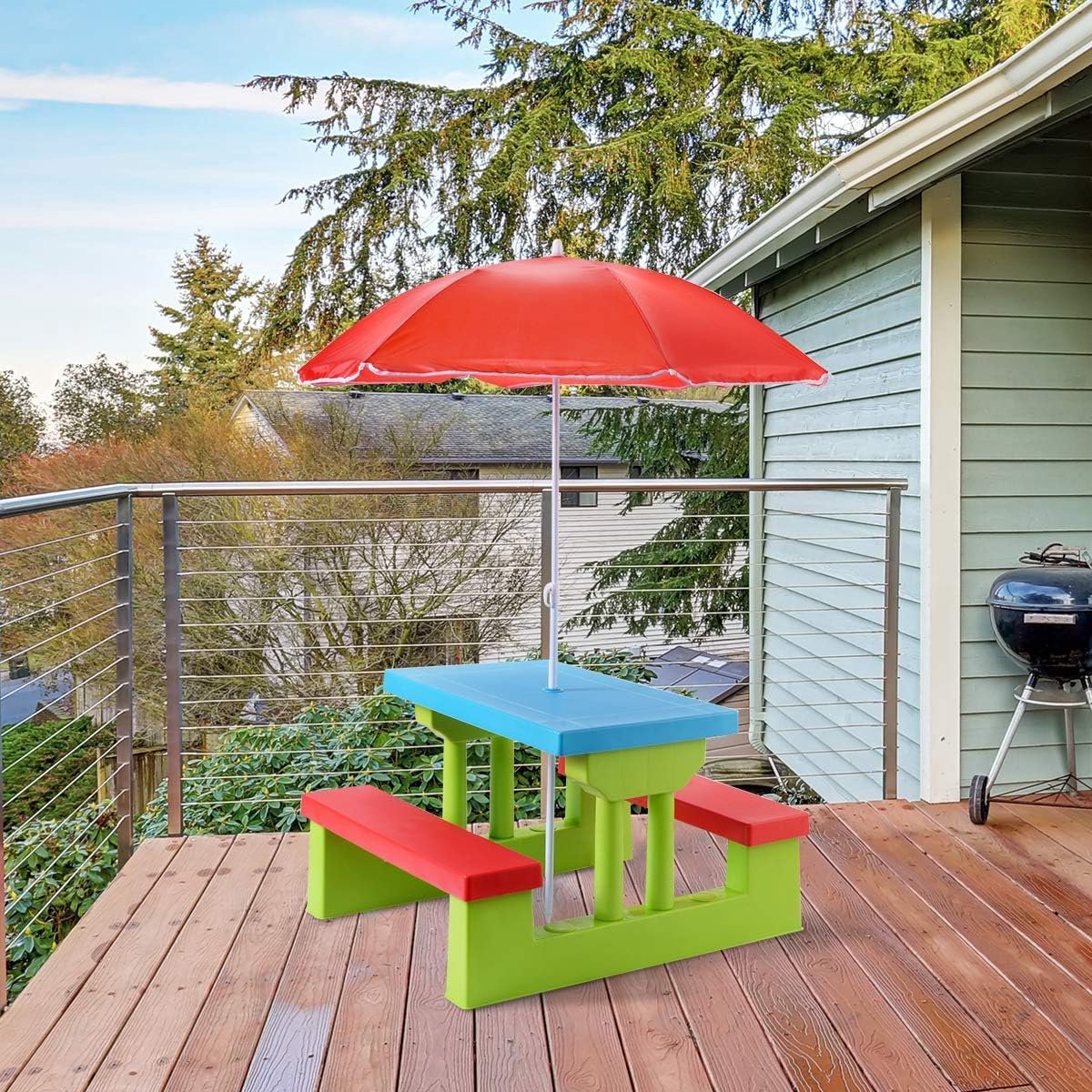 Kinder Picknicktafel met Parasol en 2 Bankjes – 67 x 79 x 137 cm – Kleurrijke Outdoor Kinder Tuinset voor Tuin, Balkon en Terras – Weerbestendig & Stevig