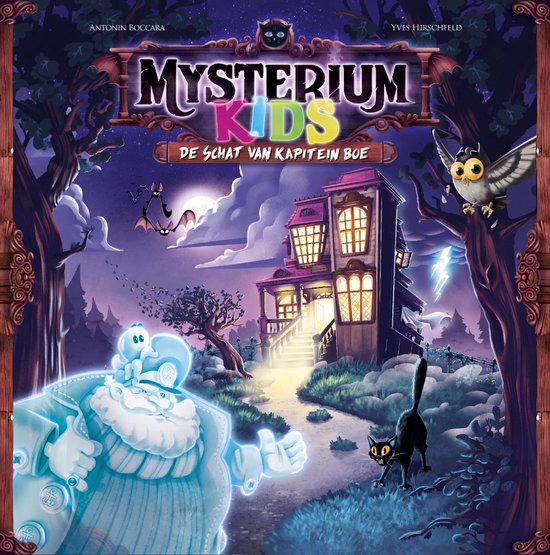 Mysterium Kids: De schat van Kapitein Boe bordspel artwork met spookhuis, geest en dieren.