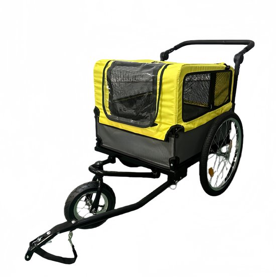 Gele en grijze hondenkar met helder dak, met aanhangstuk voor fiets.