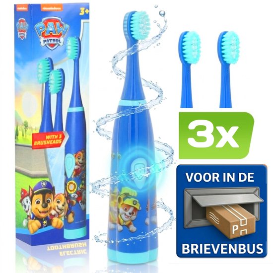 Blauwe Paw Patrol elektrische tandenborstel in verpakking, met 3 borstels. Ook los verkrijgbaar.