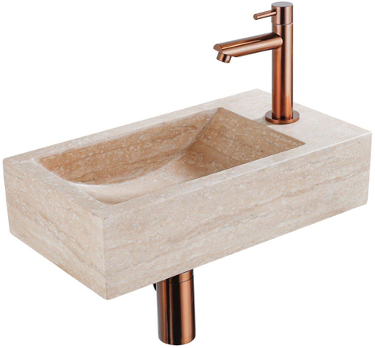 FugaFlow Efficiente Pietra Fonteinset - 40x22x10cm - kraangat rechts - fonteinkraan geborsteld koper PVD - afvoerplug - verlaagd sifon - gemeleerd natuursteen