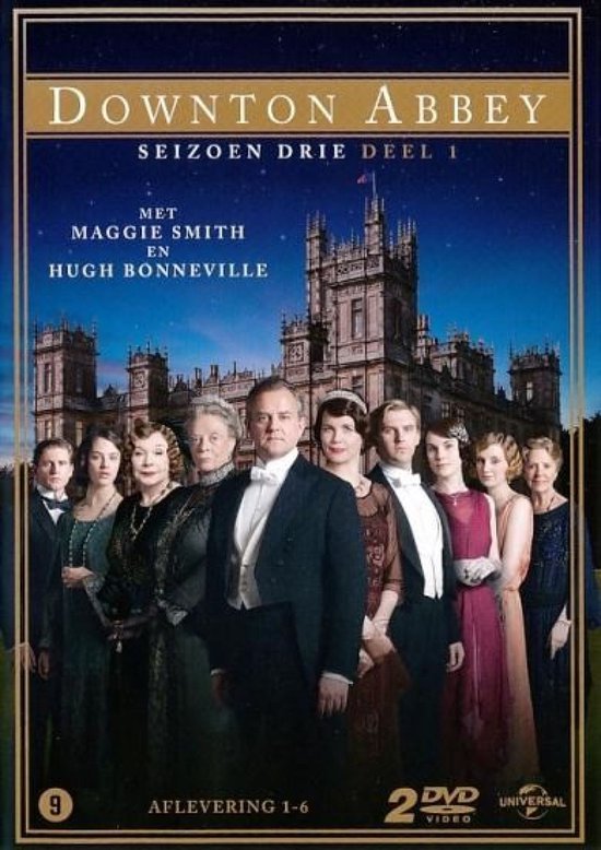 DVD-cover 'Downton Abbey Seizoen Drie Deel 1' met acteurs voor landhuis