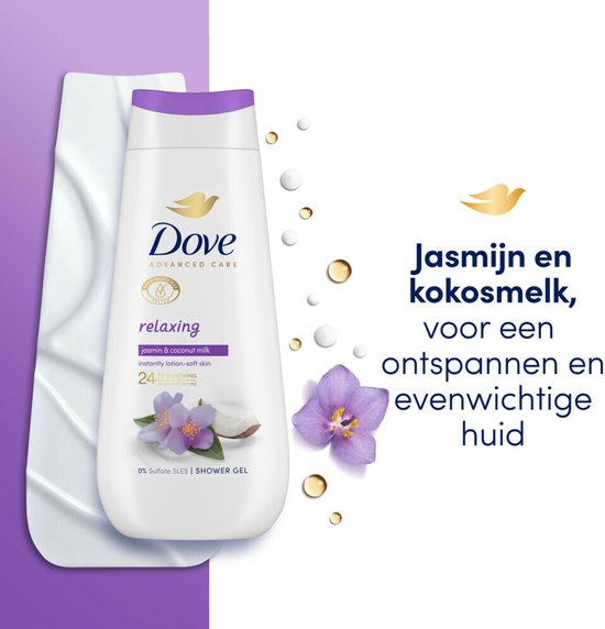 Fles Dove douchegel Relaxing Jasmijn & Kokosmelk met paarse bloemen en kokosnoot.