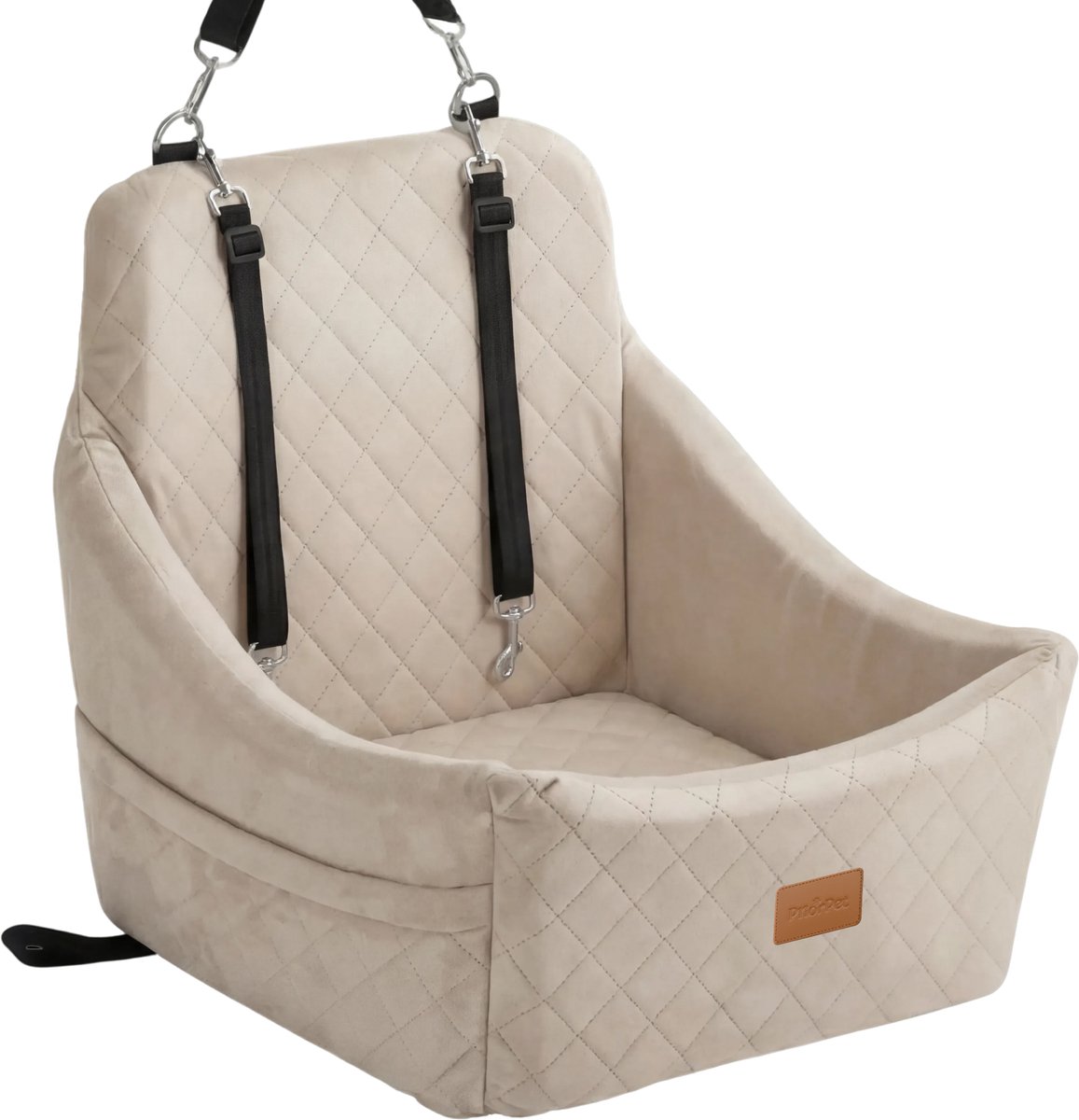 Hondenmand Auto – Hondenstoel Auto met Gordel – Autostoel Hond met Verhoogd Zitkussen en Memory Foam – Voor Kleine en Middelgrote Honden tot 15 kg – Beige