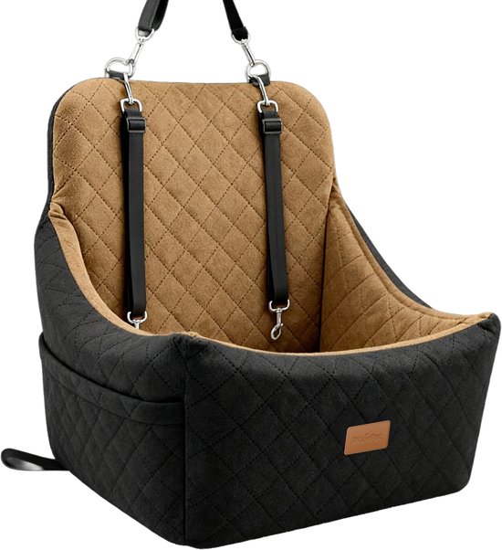 Hondenmand Auto – Hondenstoel Auto met Gordel – Autostoel Hond met Verhoogd Zitkussen en Memory Foam – Voor Kleine en Middelgrote Honden tot 15 kg – Zwart/Bruin