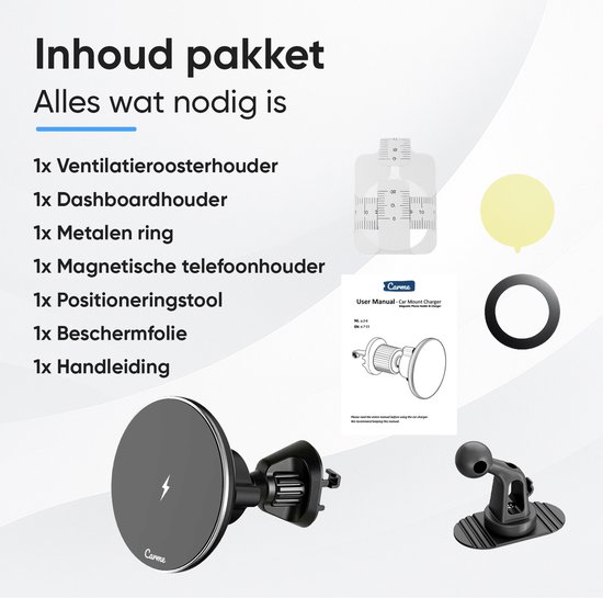 Verpakking met magnetische telefoonhouder, ventilatieroosterhouder, dashboardhouder, metalen ring en handleiding.