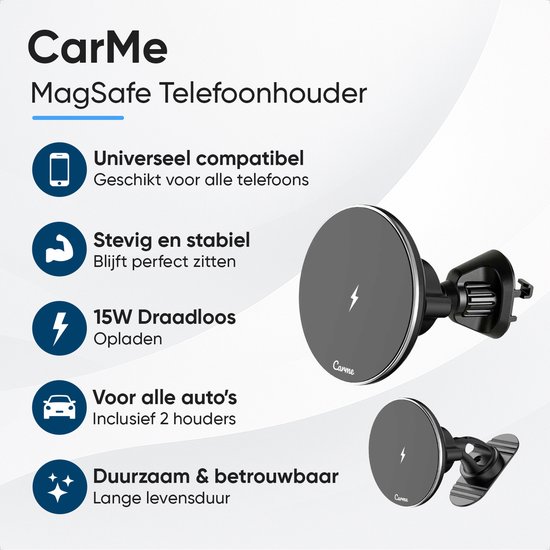 CarMe Telefoonhouders Auto - Adapté pour MagSafe - Avec Chargeur sans fil - Magnétique - MagSafe Autohouder - Support GSM Auto - Zwart