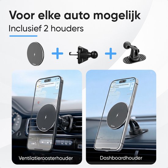 Twee magnetische telefoonhouders (ventilatie en dashboard) met CarMe logo.
