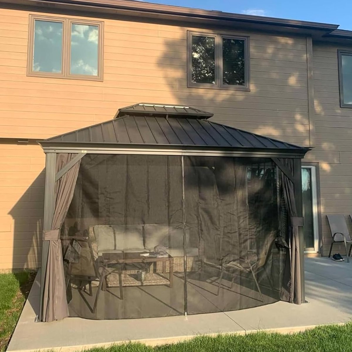 Tuinpaviljoen 3x3,65m Hardtop Aluminium met Stalen Dak – Waterdicht UV-bestendig met Gordijnen en Muggennet – Luxe Terras Overkapping Grijs | Laura