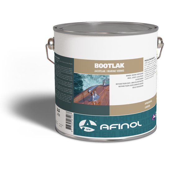Blik met 2,5 liter Afinol Jachtlak/Bootlak. Tekst "Bootlak Jachtlak/Marine Vernis", "Bolle hooglans".