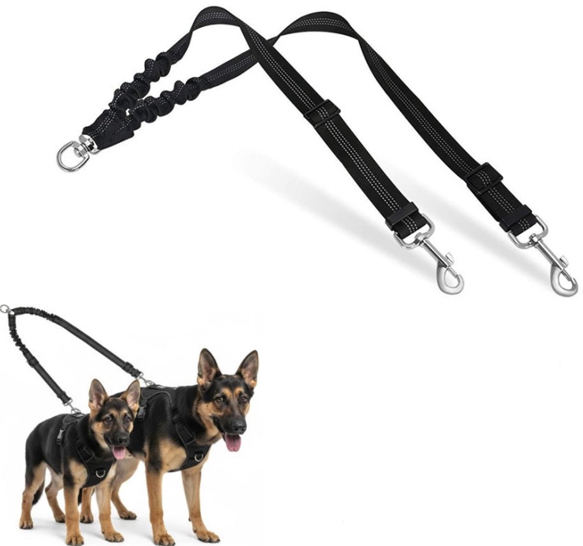 Dubbele Hondenriem 2,5cm Breed 70cm Lang, 3M Reflecterend zonder Knoop 360° Draaibare Koppeling met Schokabsorberende Bungee, Verstelbare Dubbele Hondenleiding voor Kleine Middelgrote Grote Honden