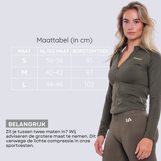 Maattabel voor donkergroen sportvest: Maten S, M, L met borstomtrek.