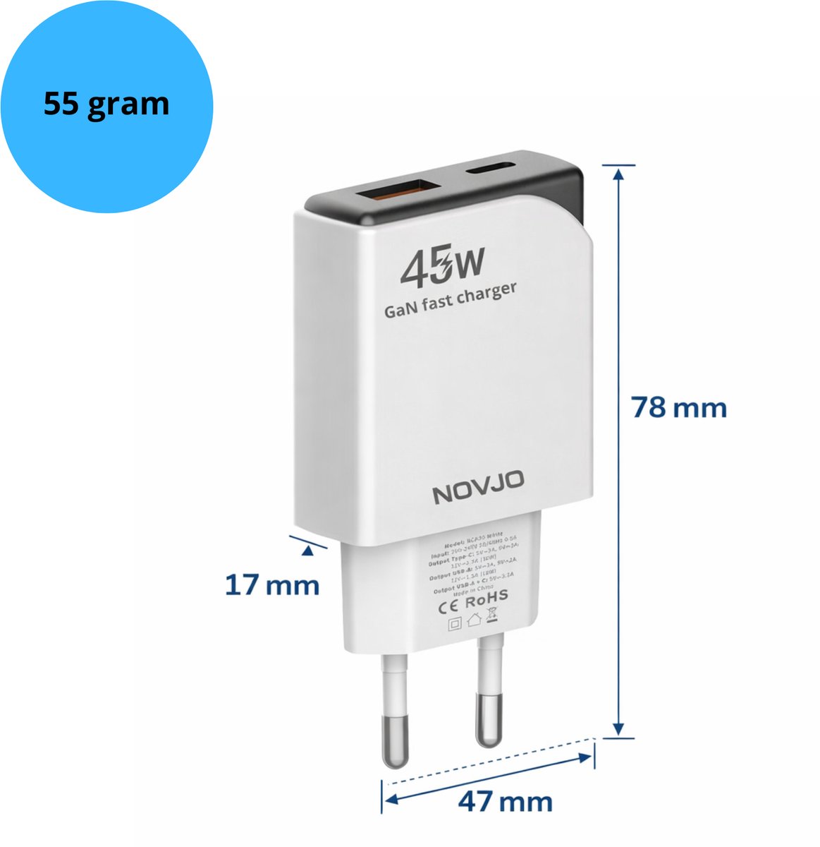 NOVJO 45W Snellader USB-C + USB-A – Voor iPhone & Samsung – 2 Jaar Garantie