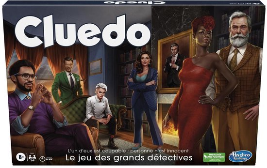 Doos van Cluedo met diverse personages, waaronder een vrouw in rode jurk.