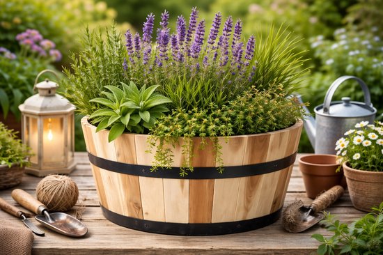 Acacia Kuip, naturel – D33 x H21 cm - Houten Plantenbak / Bloembak / of ter Decoratie / Laag model / FSC