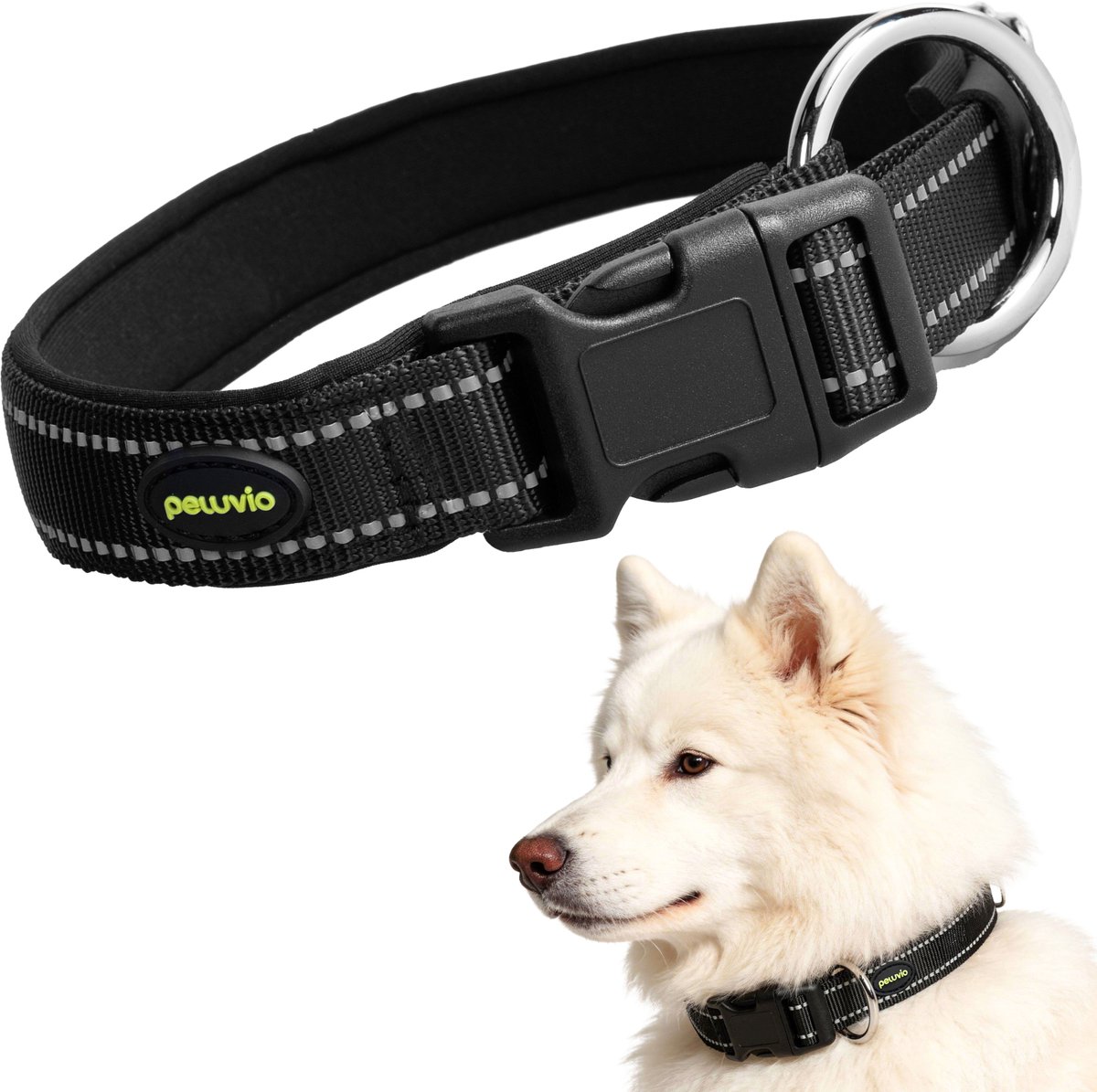 PELUVIO buddy - hondenhalsband - nylon en reflecterend - zwart - maat l 50-55 cm - 2,5 cm breed - verstelbare halsband voor grote honden