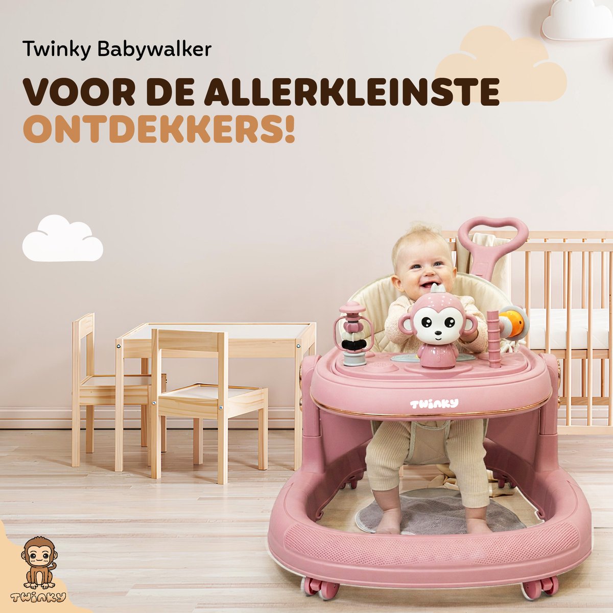 Twinky® Babywalker GO - 4-in-1 Loopstoel Baby & Loopwagen met 3-delige speelset – Loopstoeltje & Loopkar Inklapbaar inclusief Voetenmat en Steel – foto 7