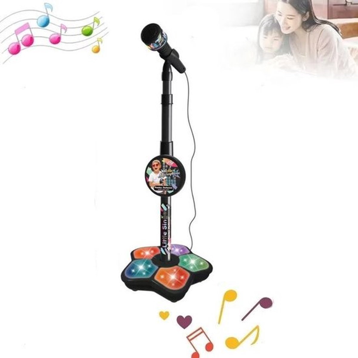 Zwarte Kind Microfoon Met Stand - Met Verlichting & Muziek, KARAOKE Microfoon Speelgoed voor Peuters