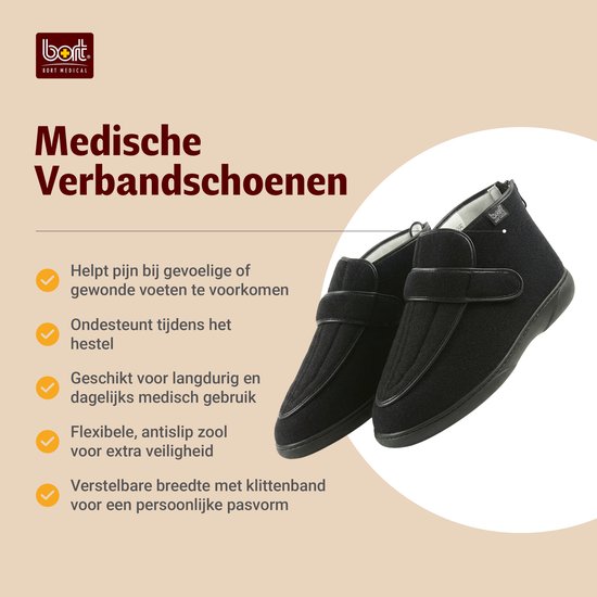 Zwarte medische verbandsschoenen met klittenbandsluiting en ritssluiting.