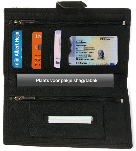 Shag Etui Leer – Tabak Etui – Shag Hoesje – Shag Zak – Tabaksetui – Heren & Dames – Met Rits & Vakken – Compact & Luxe – Leer - Zwart - LeonDesign