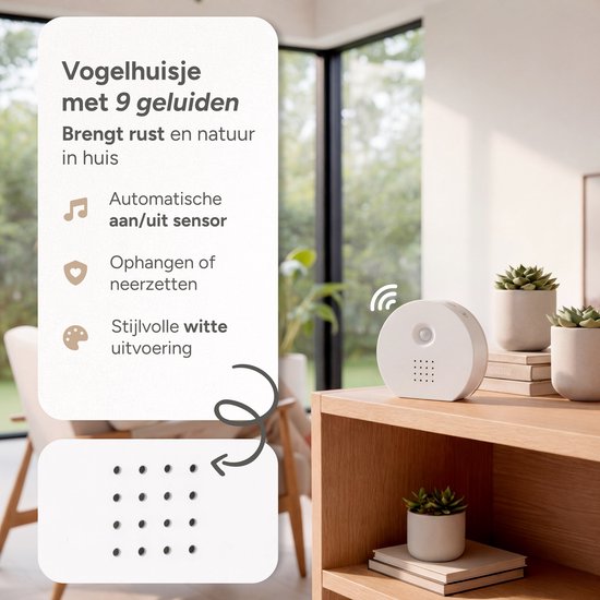 Wit, rond geluidshuisje met sensor op een houten kast, naast plantjes. Tekst over 9 geluiden en automatische sensor.