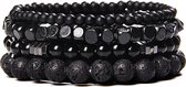 Malinsi® Armband Heren en Dames - Onyx en Lava Stone Natuursteen Set van 4 Zwart - Mannen en Vrouwen Kralen Armbandje