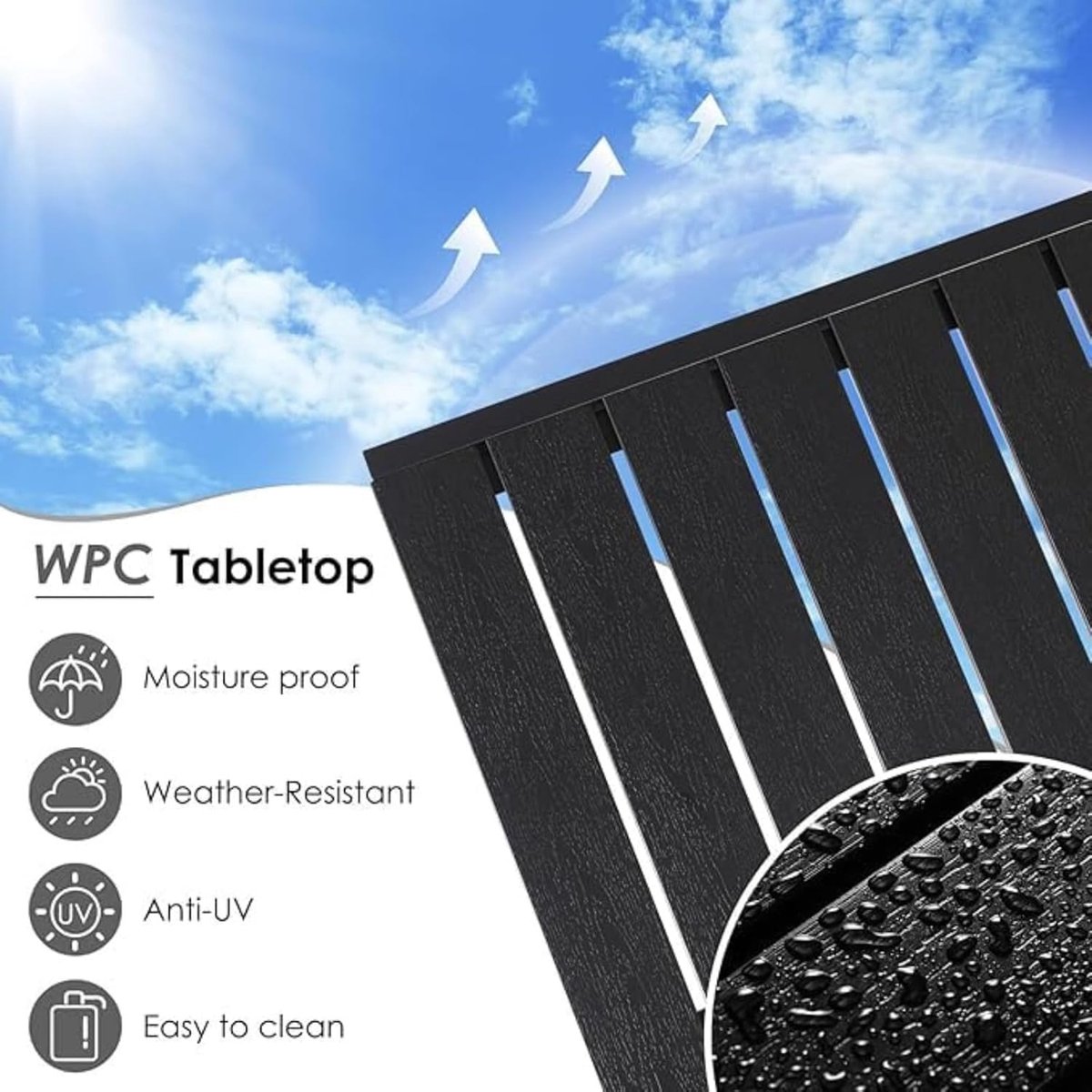 Balkontafel / Tuintafel 110 x 70 cm – Weerbestendig, Antislip, Aluminium Frame & WPC Tafelblad – Rechthoekige Buiten Tafel voor Balkon, Tuin, Terras – Geschikt voor 4-6 Personen – Zwart | Laura