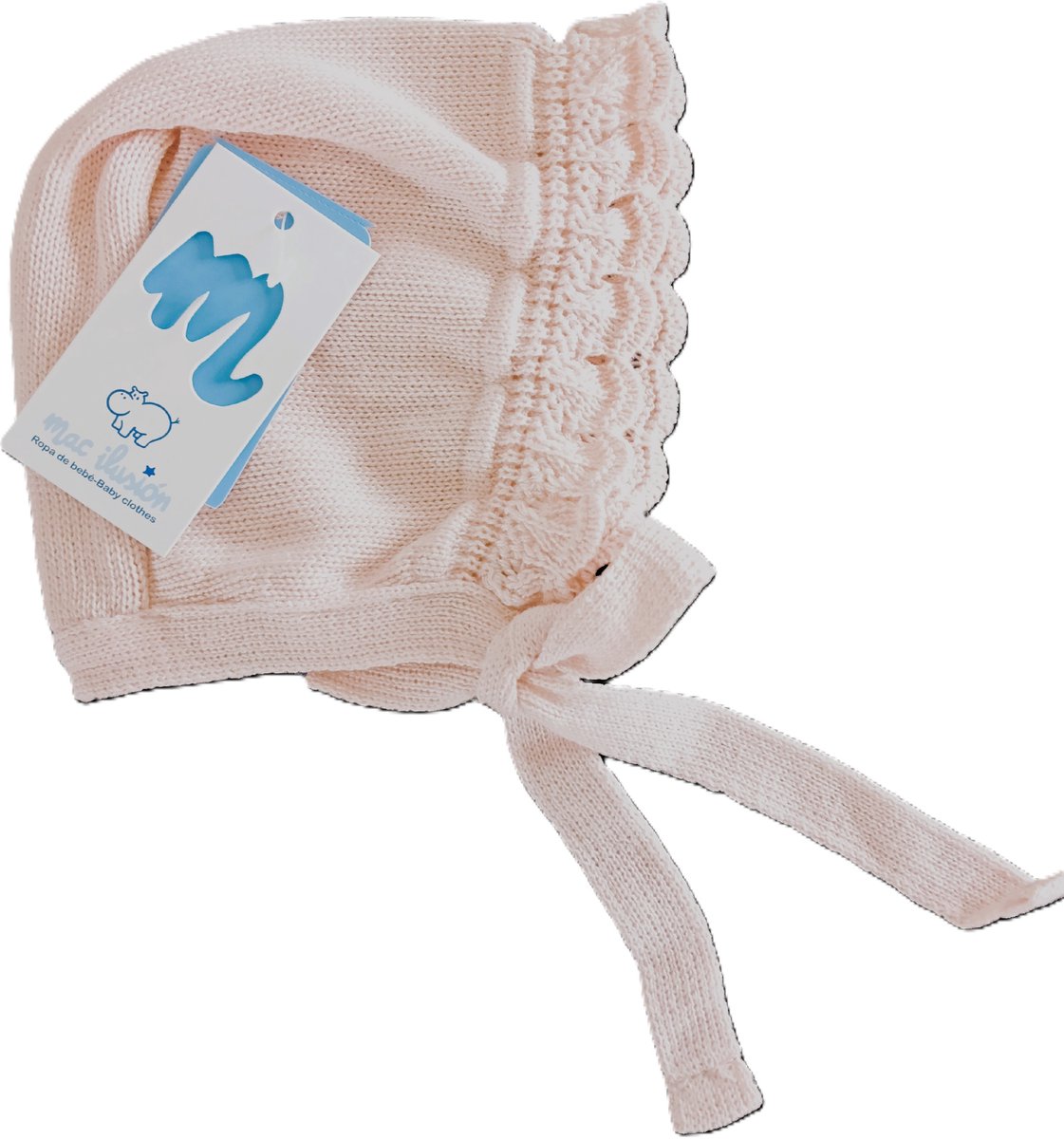 Mac Ilusion Baby mutsje / bonnet met ajour rand | nude / roze | met gebreid striklint | maat 56-62 | 1-3 maand