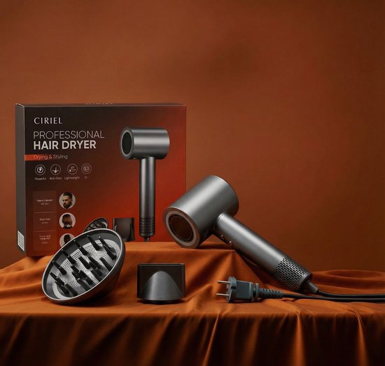 CIRIE L Professionele Haardroger met accessoires: föhn, opzetstuk, diffuser en verpakking op een oranje doek.