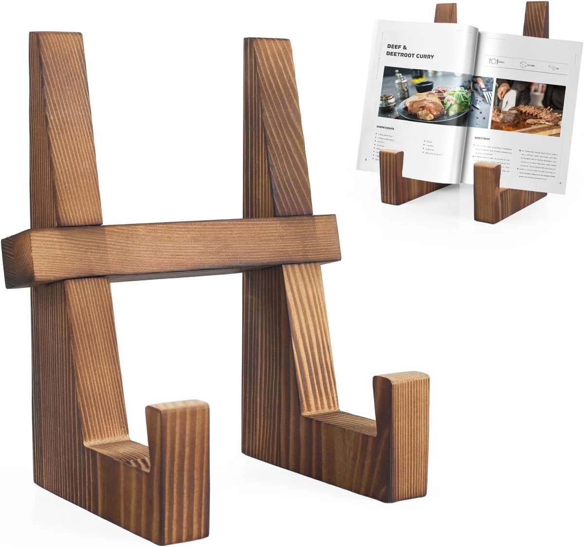 Image of Kookboekstandaard, boekenstandaard van hout, keukenstandaard, leesstandaard voor borden, notities, tijdschriften (hoogte 22 cm x lengte 14,7 cm)