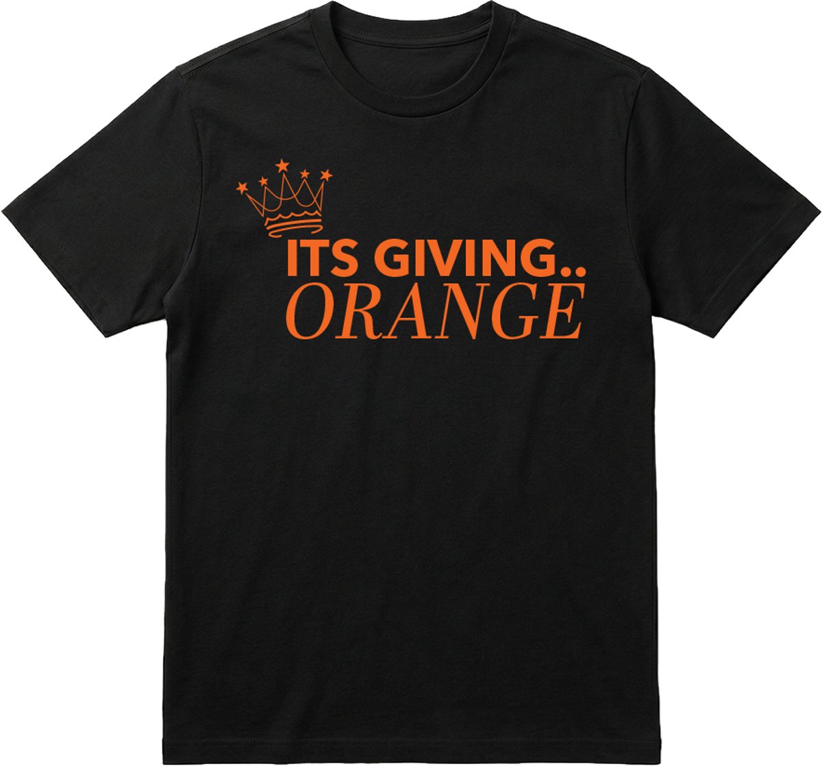Koningsdag Kleding | Fotofabriek Koningsdag t-shirt heren | Koningsdag t-shirt dames | Zwart shirt | Maat M | It's giving.. Orange