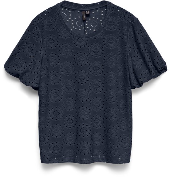 Donkerblauwe VERO MODA top met korte ballonmouwen en opengewerkte details.