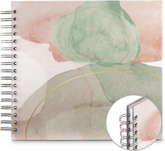 Album à spirales avec des motifs abstraits d'aquarelle rose et verte, avec des lignes dorées.