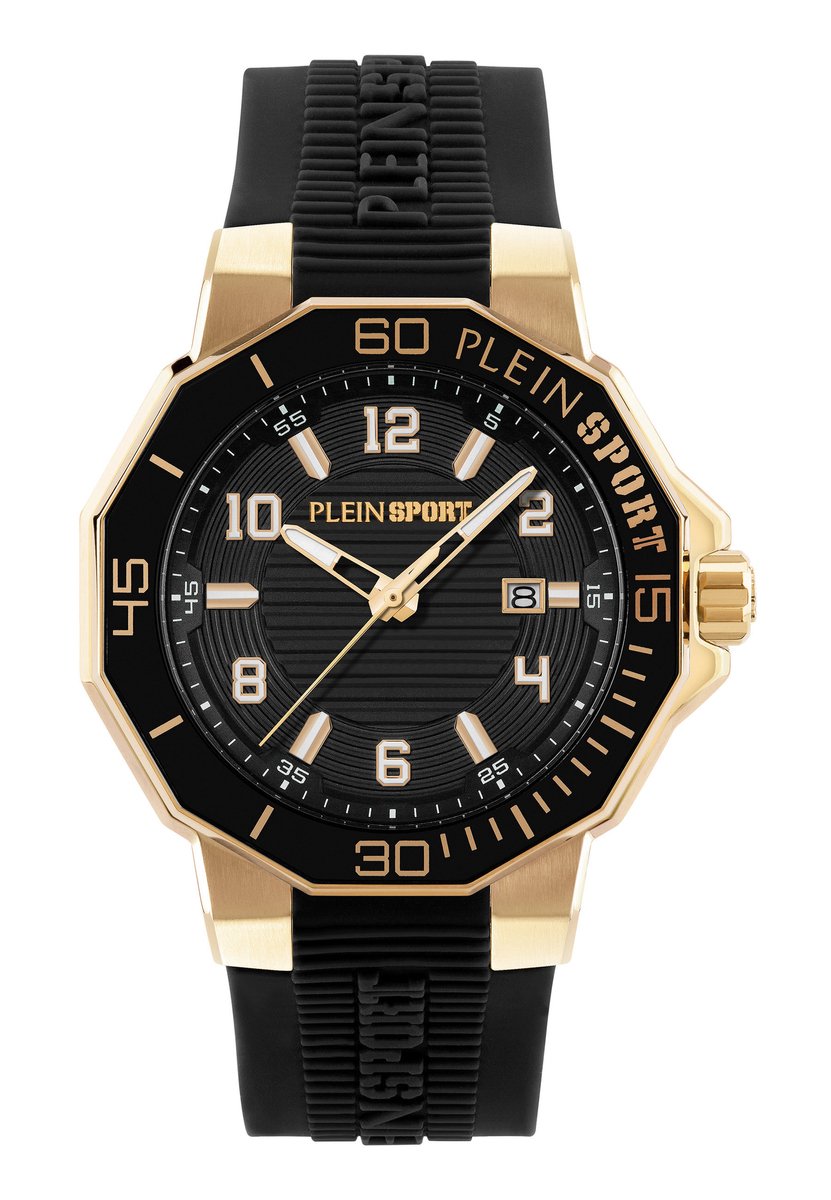 Plein Sport Titan 3H Quartz Analoog Horloge Zwart Kast: 100% Gerecycled Roestvrij Staal| Armband: Siliconen 44 mm PSUGA0126, PSUGA0326, PSUGA0426, PSUGA0526, PSUGA0626