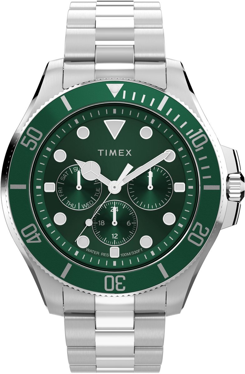 Timex Harborside Coast Multifunction Quartz Analoog Horloge Silver Tone Kast: 100% Laag Lood Messing | Armband: 100% Roestvrij Staal 43 mm TW2Y33200AJ, TW2Y33300AJ