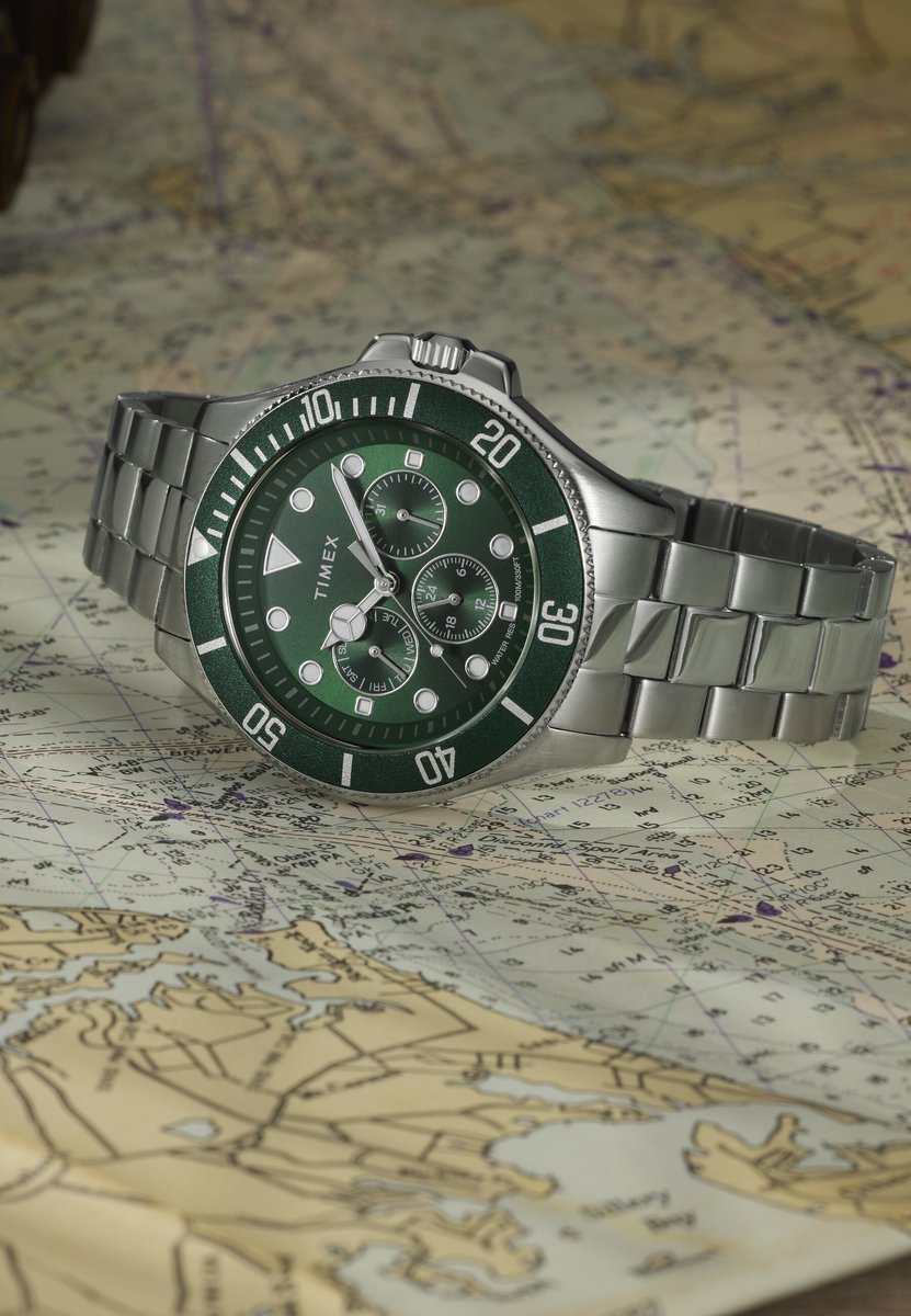 Timex Harborside Coast Multifunction Quartz Analoog Horloge Silver Tone Kast: 100% Laag Lood Messing | Armband: 100% Roestvrij Staal 43 mm TW2Y33200AJ, TW2Y33300AJ