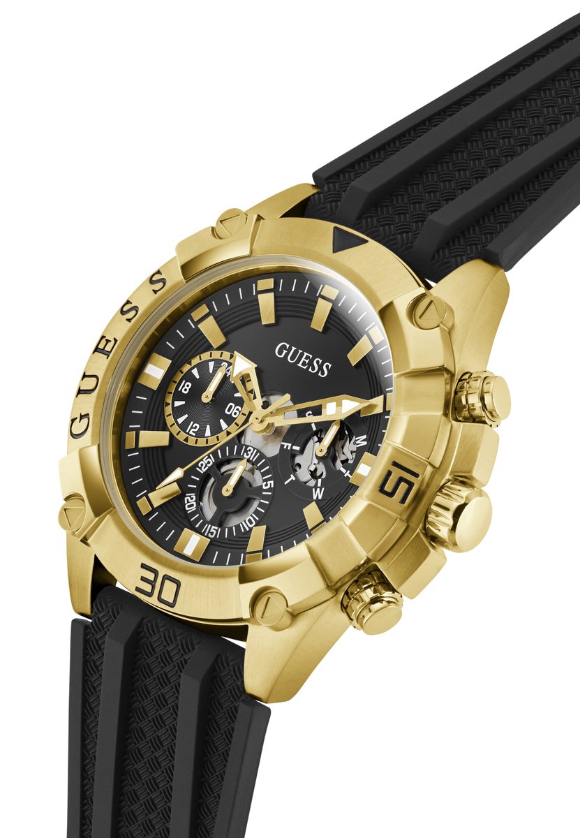 Guess Prospect Quartz Analoog Horloge Zwart Kast: 100% Roestvrij Staal | Armband: 100% Siliconen 46 mm GW1060G2