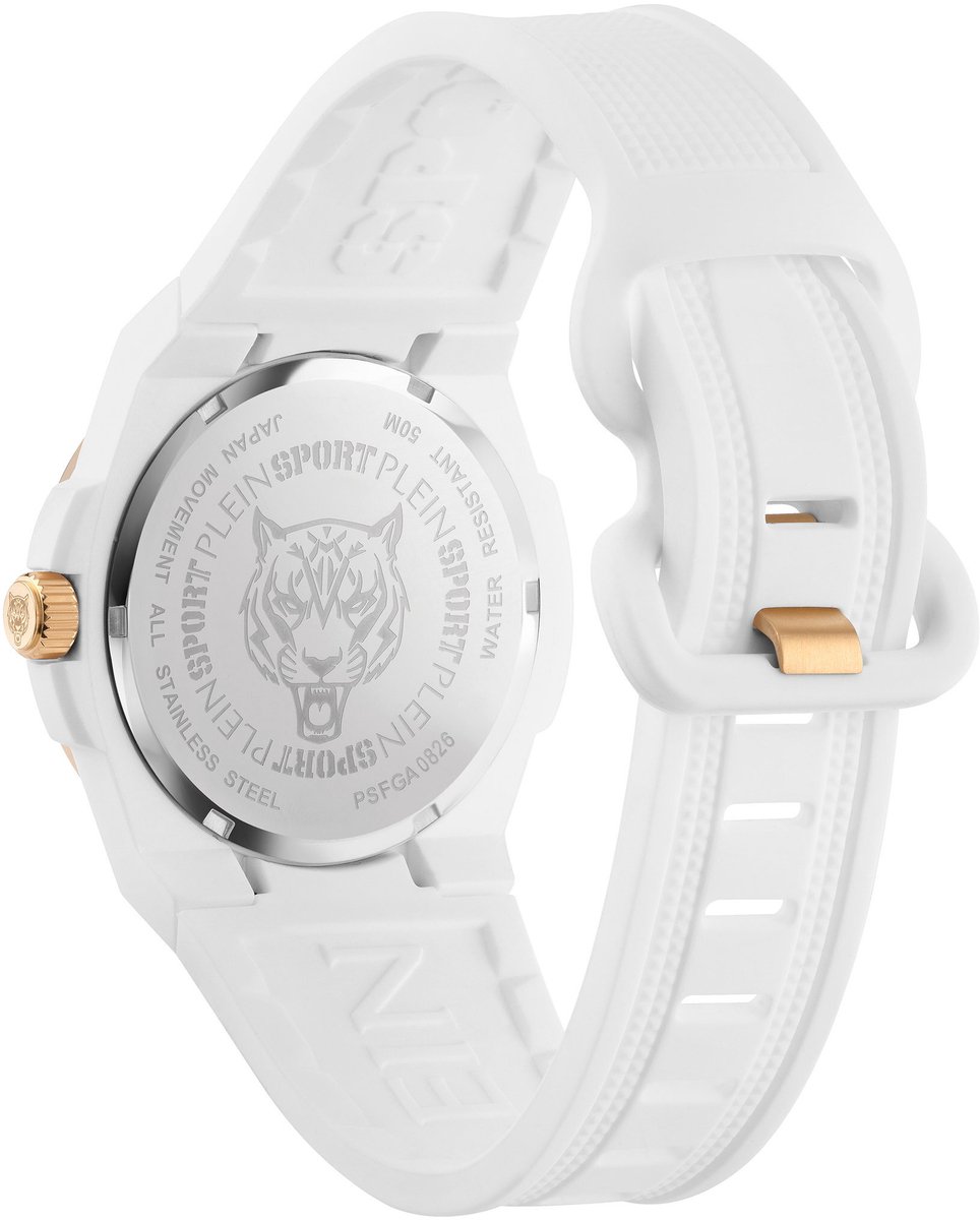 Plein Sport Laserstrike Kwarts Analoog Horloge Wit En Goudtint Kast: 100% Gerecycled Roestvrij Staal| Armband: Siliconen 42 mm PSFGA0626, PSFGA0726, PSFGA0826, PSFGA0926, PSFGA1026