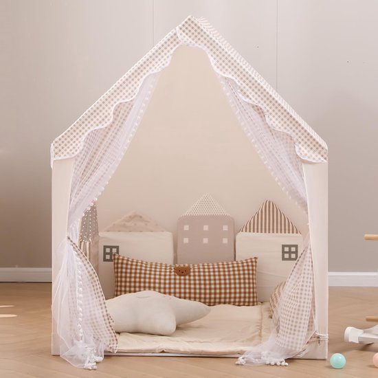 Kindertent speelhuis - Binnen en buiten speeltent met ramen, driehoekige structuur en stevig metalen frame - Kinder bedtent en speelhuis voor jongens en meisjes - Polyester doek - 105 × 120 × 128 cm - Beige — afbeelding 2