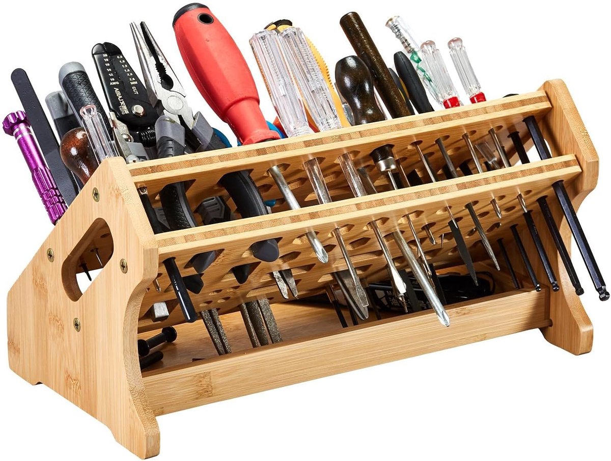Tangen Organizer - Gereedschap Houder - Werkruimte Ordenen - 53 Gaten Ontwerp - 31x17x16.5 cm - Houtkleur