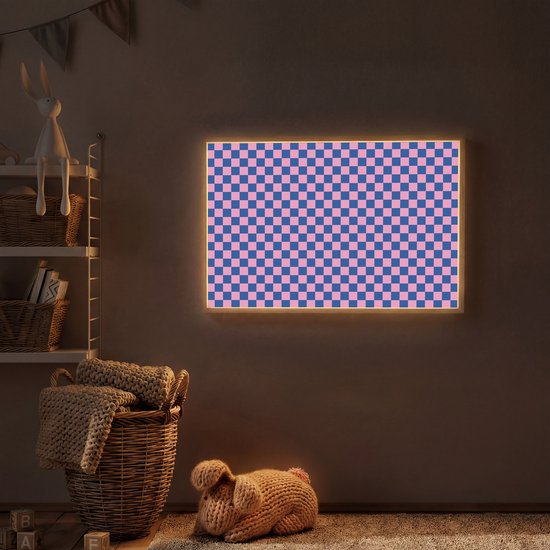 Nachtlampje 90x60 cm - Kinder lamp - Dambord - Blauw - Patroon - Roze - Tafellamp kinderkamer draadloos - Slaapkamer lampje - Bedlamp kinderen - Kinderlampje - Wandlamp babykamer - Nachtlampjes van OnlyWow — afbeelding 2