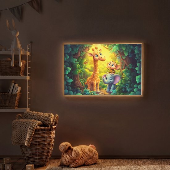 Nachtlampje 90x60 cm - Kinder lamp - Dieren - Jungle - Giraf - Olifant - Aapje - Tafellamp kinderkamer draadloos - Slaapkamer lampje - Bedlamp kinderen - Kinderlampje - Wandlamp babykamer - Nachtlampjes van OnlyWow — afbeelding 2