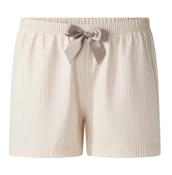 Beige gestreepte short met grijze strik en elastische tailleband.