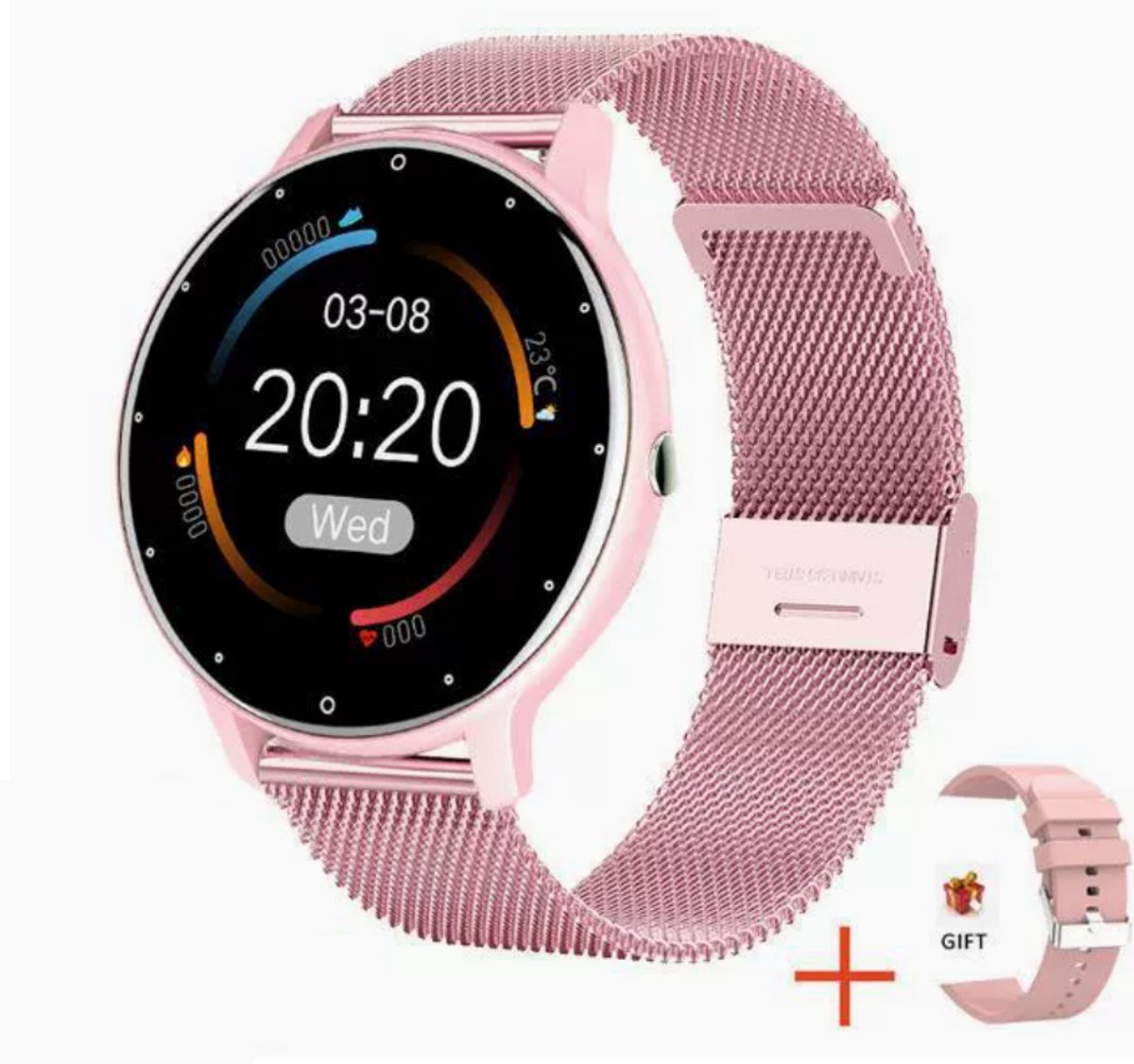 Knobbout 1.28" Scherm ultradunne smartwatch met gezond heidsmonitoring, sporttracking, muziekbediening, persoonlijke wijzerplaat, bluetooth bellen - roze staal+siliconen horlogeband