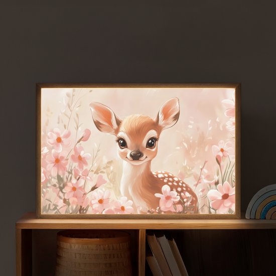 Nachtlampje 60x40 cm - Kinder lamp - Hertje - Illustratie - Bloemen - Roze - Tafellamp kinderkamer draadloos - Slaapkamer lampje - Bedlamp kinderen - Kinderlampje - Wandlamp babykamer - Nachtlampjes van Merkloos — afbeelding 2