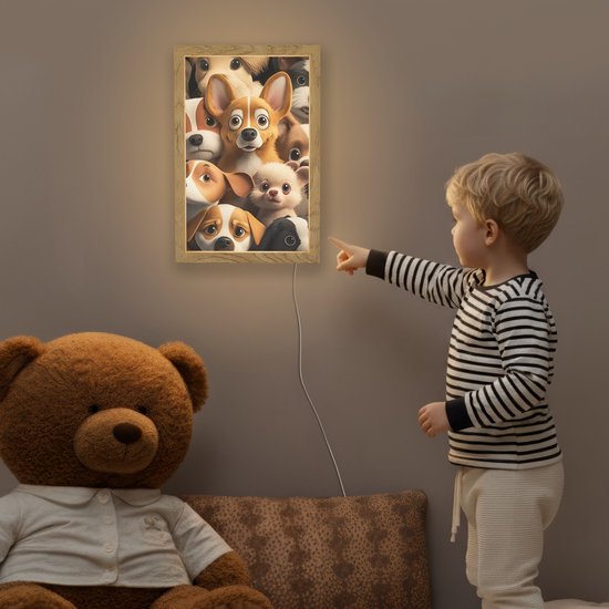 Nachtlampje 20x30 cm - Kinder lamp - Honden - Dieren - Bruin - Zwart - Patronen - Kind - Tafellamp kinderkamer - Slaapkamer lamp - Bedlamp kinderen - Kinderlampje stopcontact - Wandlamp babykamer - Nachtlampjes van Bijouxlampen — afbeelding 5