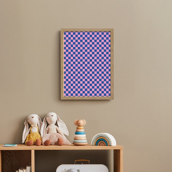 Nachtlampje 30x40 cm - Kinder lamp - Dambord - Blauw - Patroon - Roze - Tafellamp kinderkamer draadloos - Slaapkamer lampje - Bedlamp kinderen - Kinderlampje - Wandlamp babykamer - Nachtlampjes van OnlyWow — afbeelding 3
