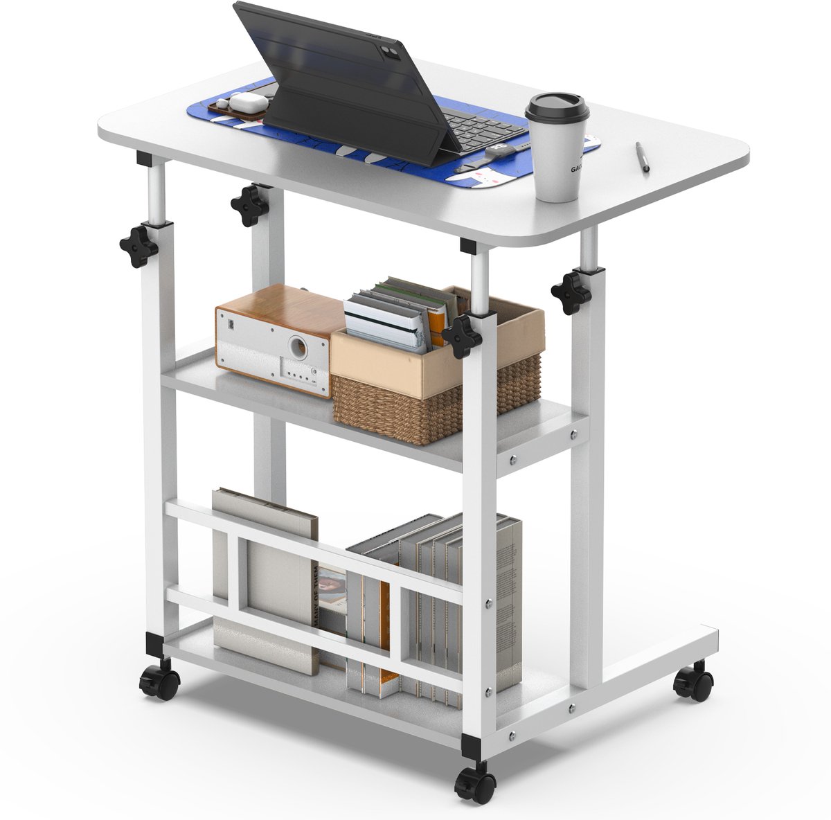 Soontrans - Verstelbaar Bureau - Twee Niveaus – Rolbaar Bureau Met Vergrendelbare Wielen - 60x40cm - Ruimtebesparende Mobiele Werkplek Voor Slaapkamers - In Hoogte Verstelbaar 56-82cm -Draagbaar Computerbureau - Opbergplanken – Warm Wit