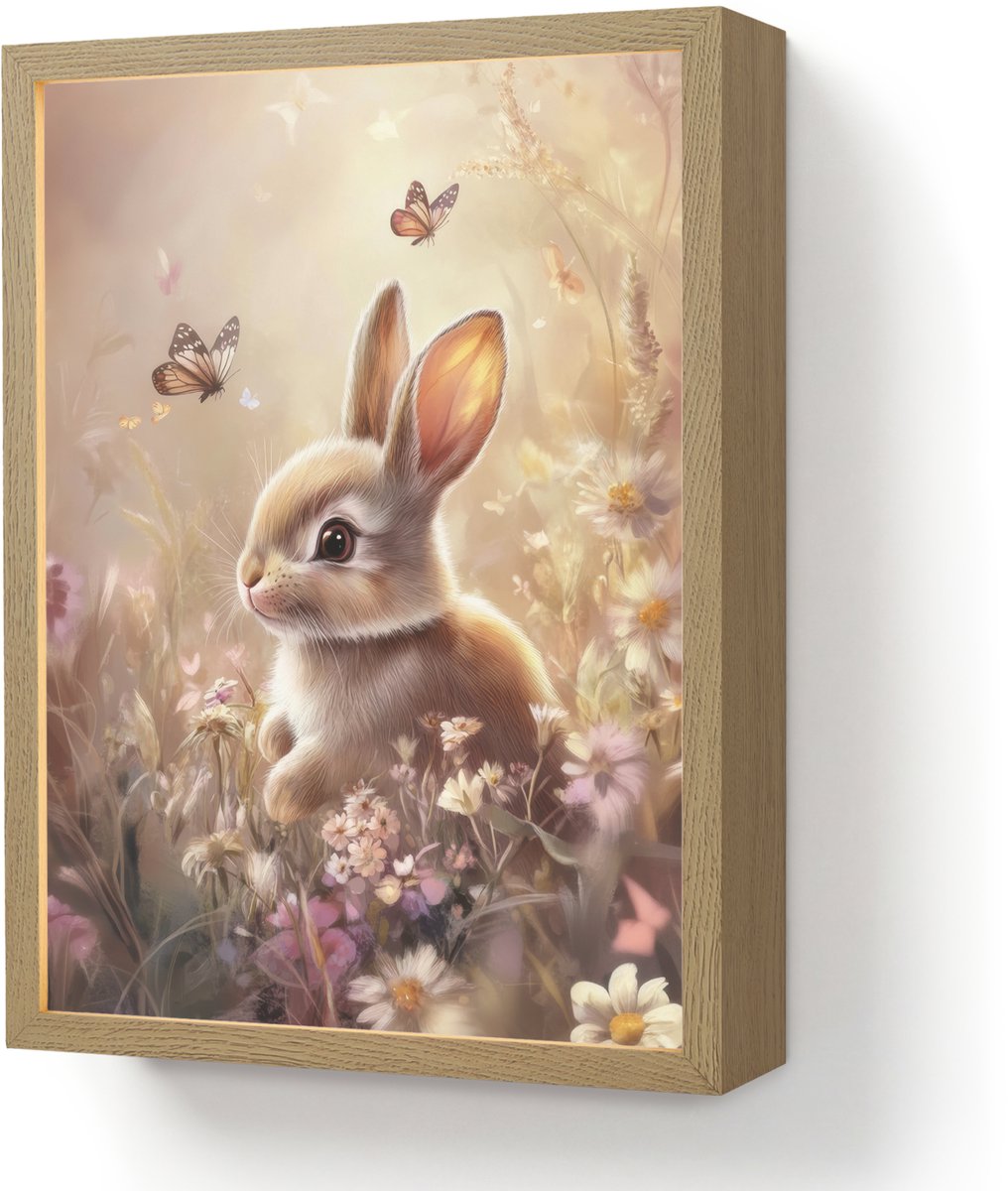 Wandlamp 30x40 cm - Oplaadbaar - Konijntje - Bruin - Bloemen - Vlinders - Wandlampen binne