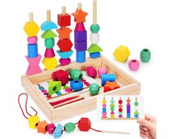 Montessori houten rijgspel met kralen - voor peuters van 3-4 jaar - Stapel- en volgordespel met opbergdoos - STEM-leerspeelgoed voor kleuters - Kerst- en verjaardagscadeau voor jongens en meisjes